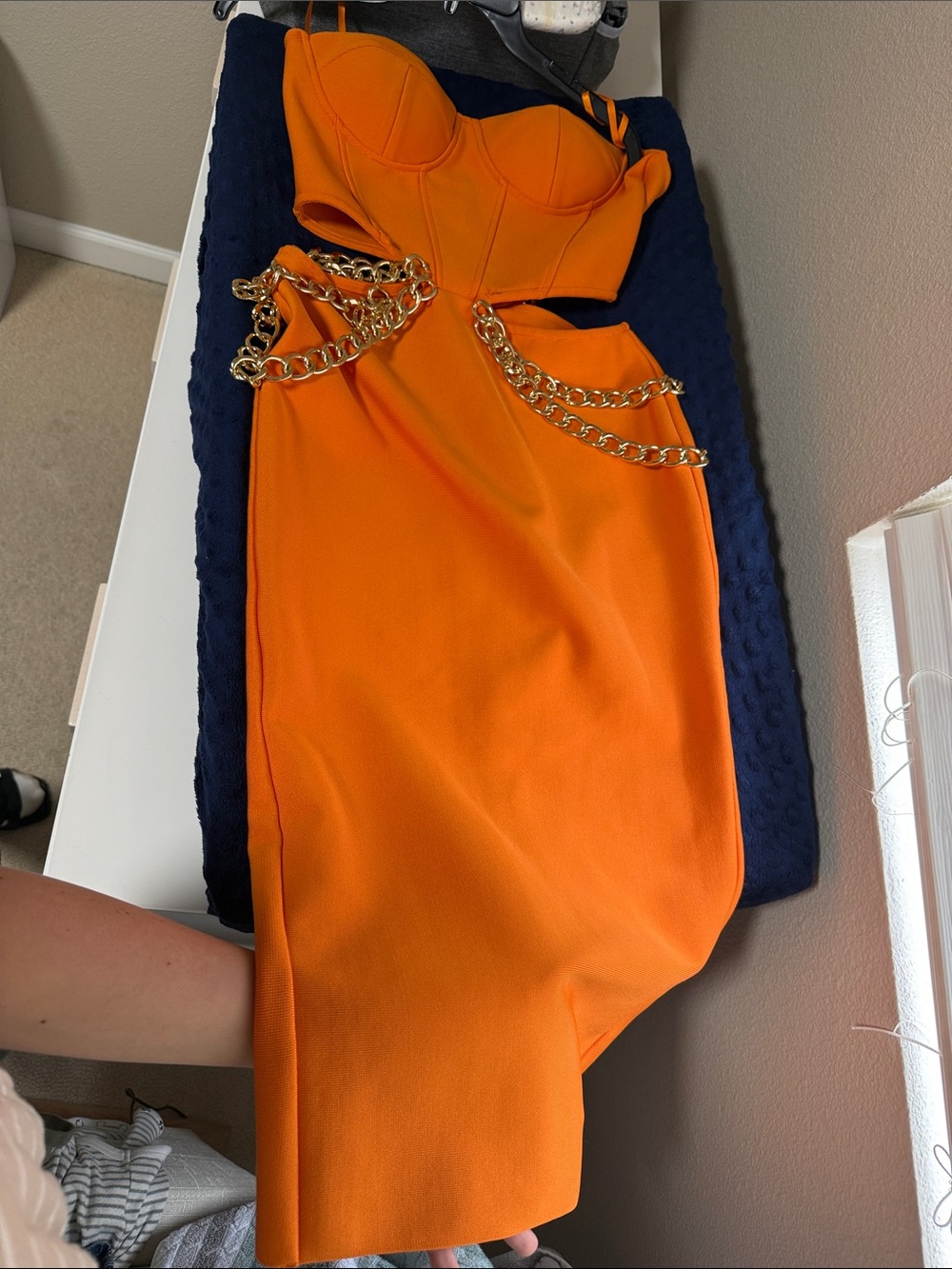 SHEIN Orange Cutout Midi Dress with Gold Chain Detail